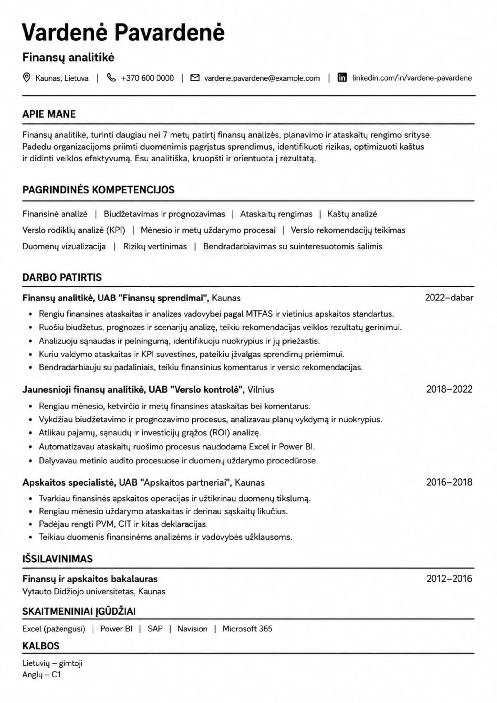 Finansų analitikė CV pavyzdys