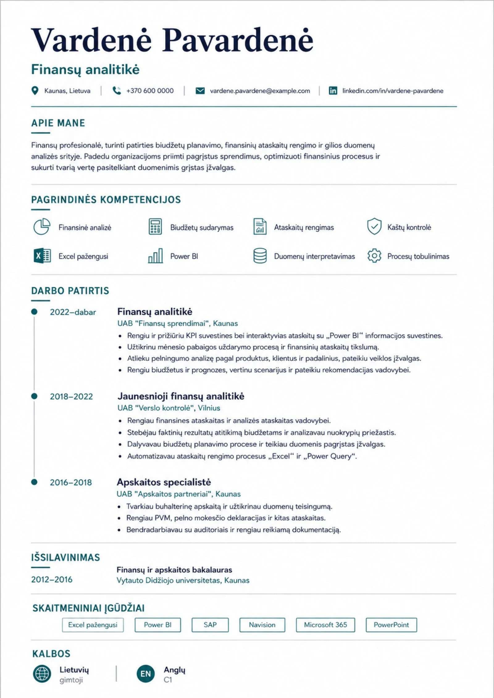 Finansų analitikės CV pavyzdys