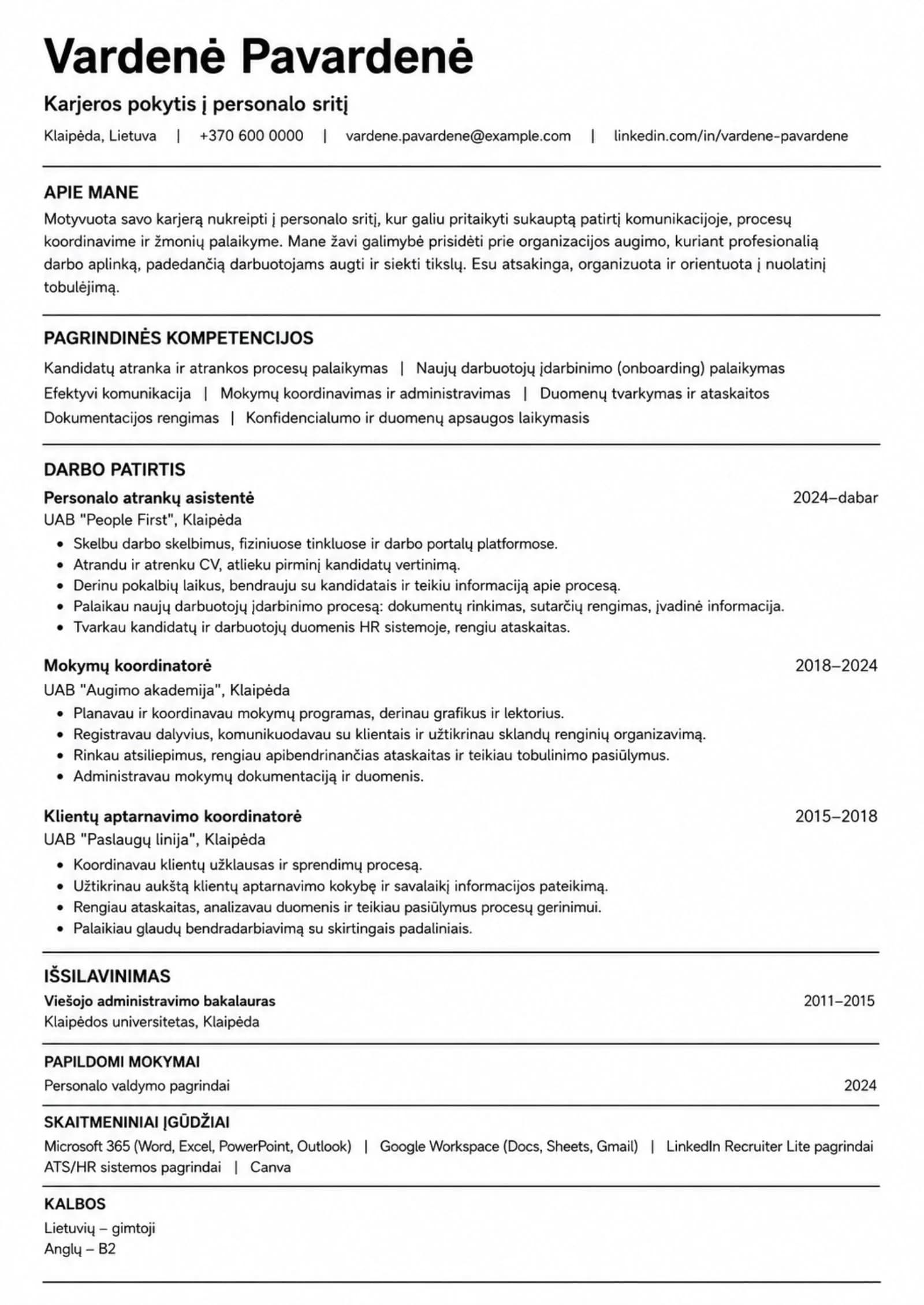 Karjeros pokytis į HR CV pavyzdys