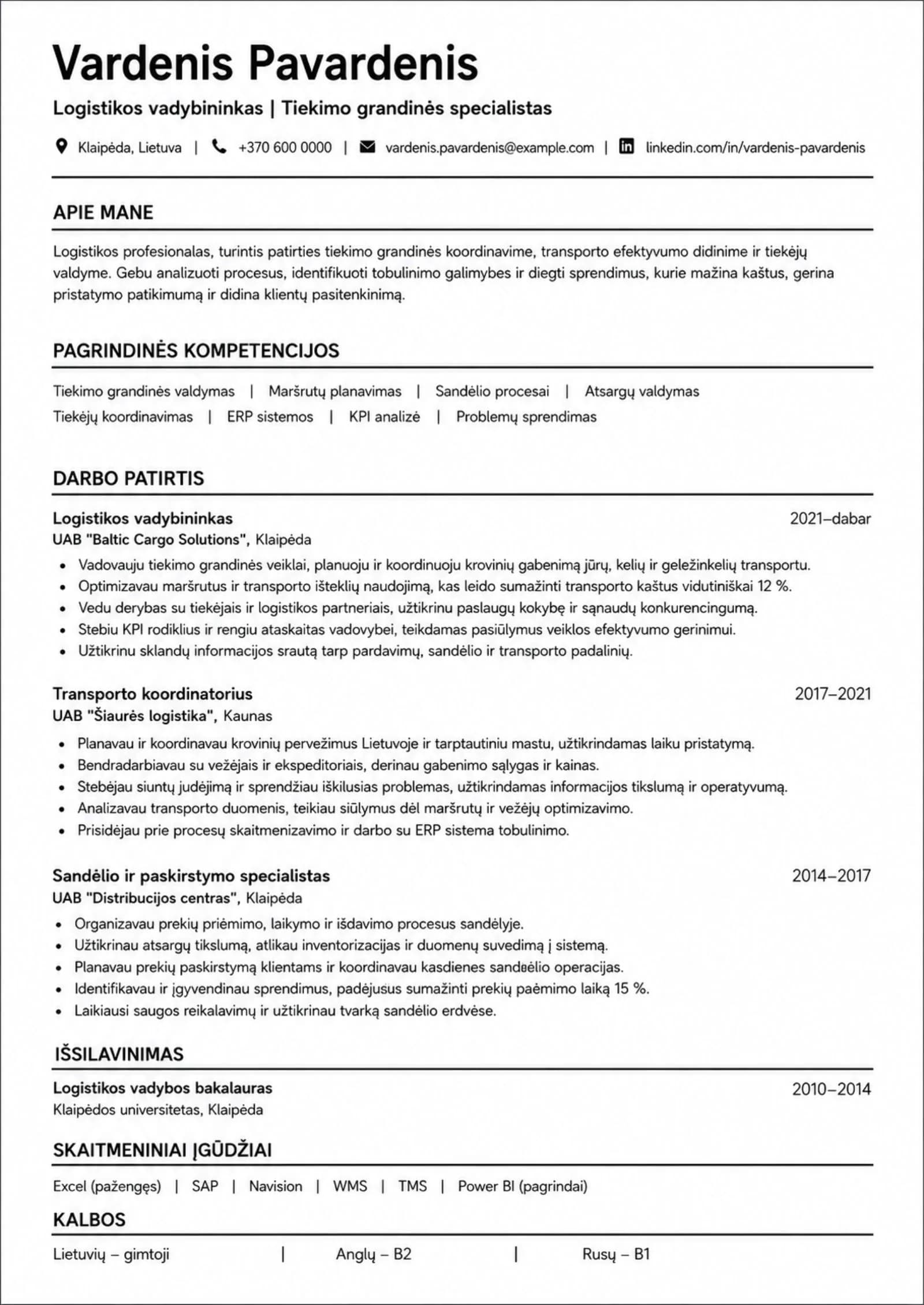 Logistikos vadybininkas CV pavyzdys