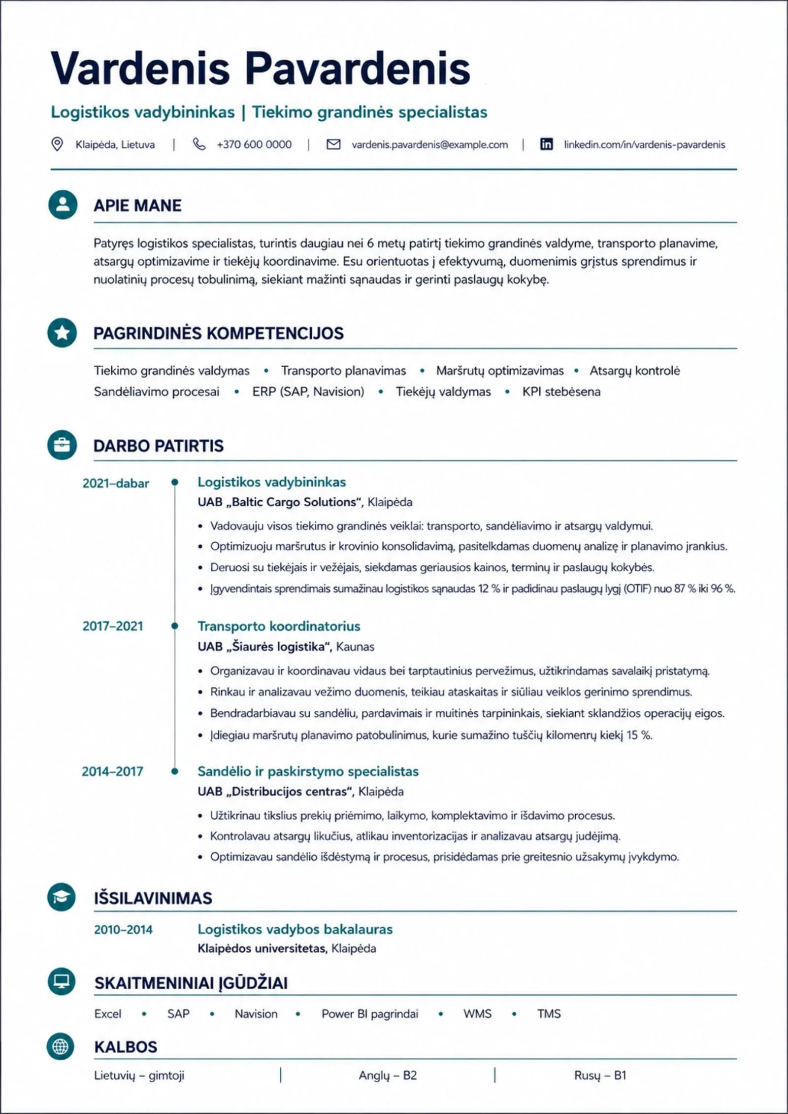 Logistikos vadybininkas CV pavyzdys