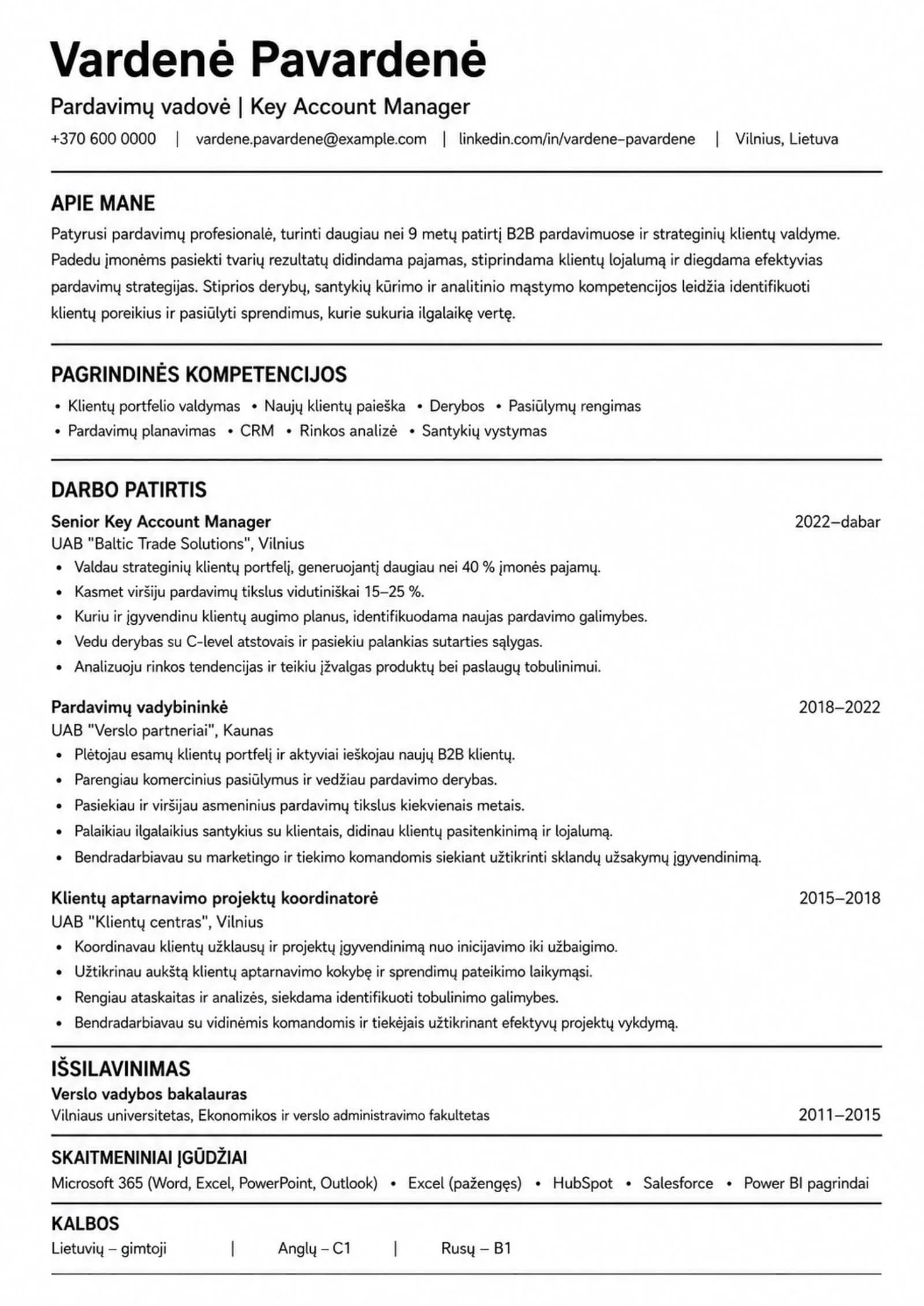 Pardavimų vadovė CV pavyzdys