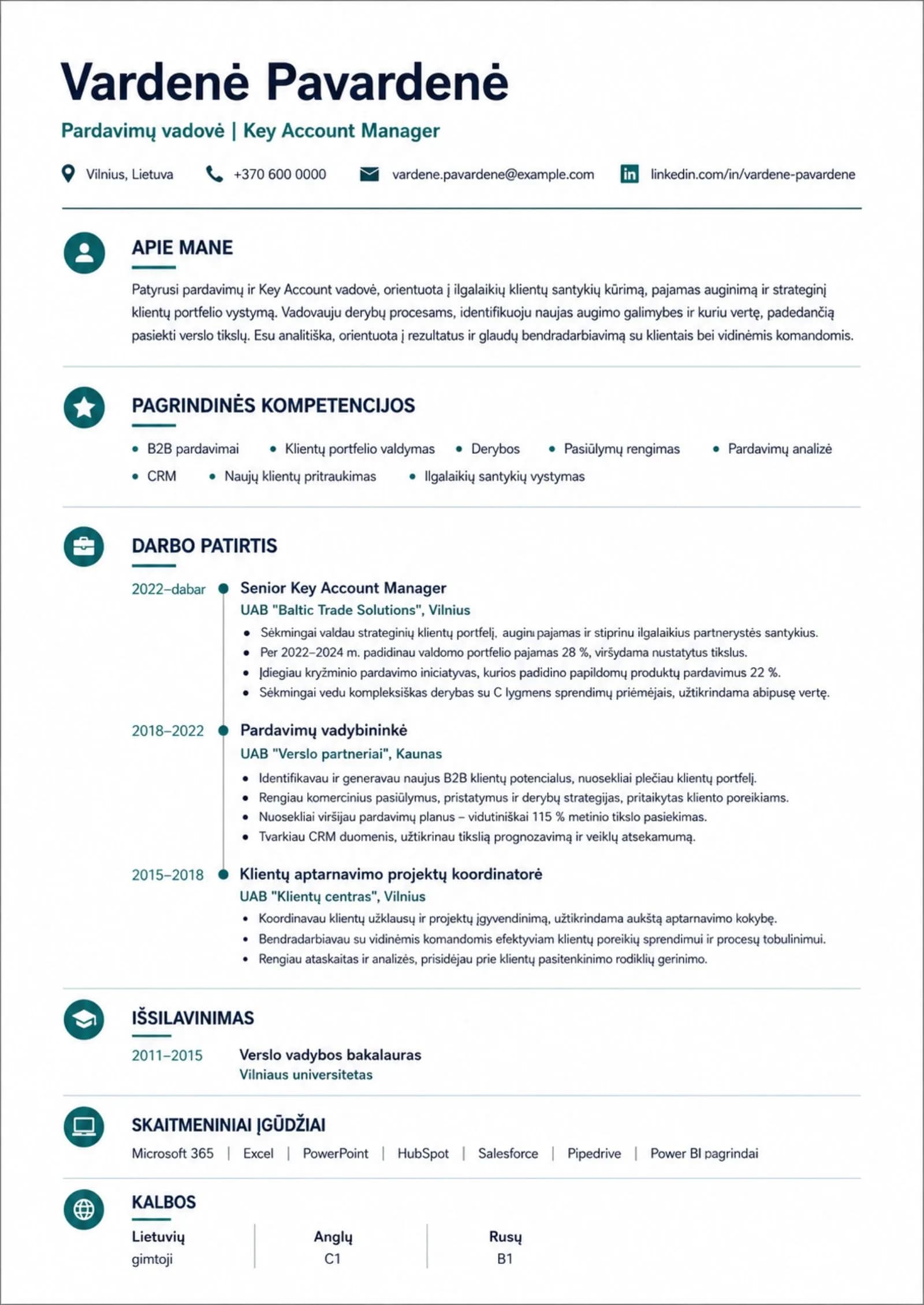 Pardavimų vadovės CV pavyzdys