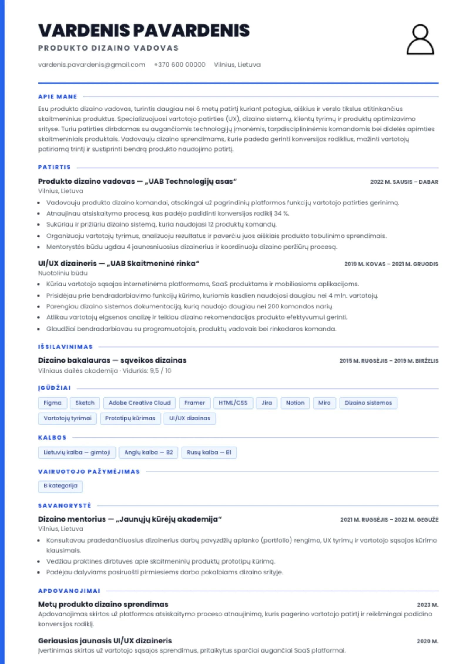 Mėlyno CV šablono pavyzdys