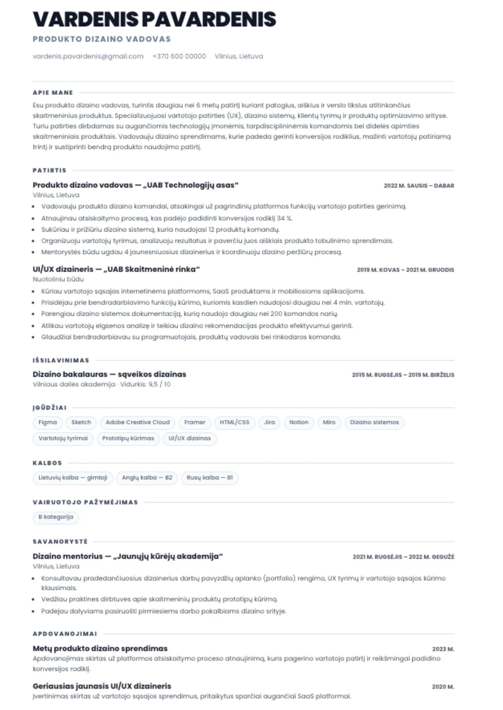 Švaraus CV šablono pavyzdys