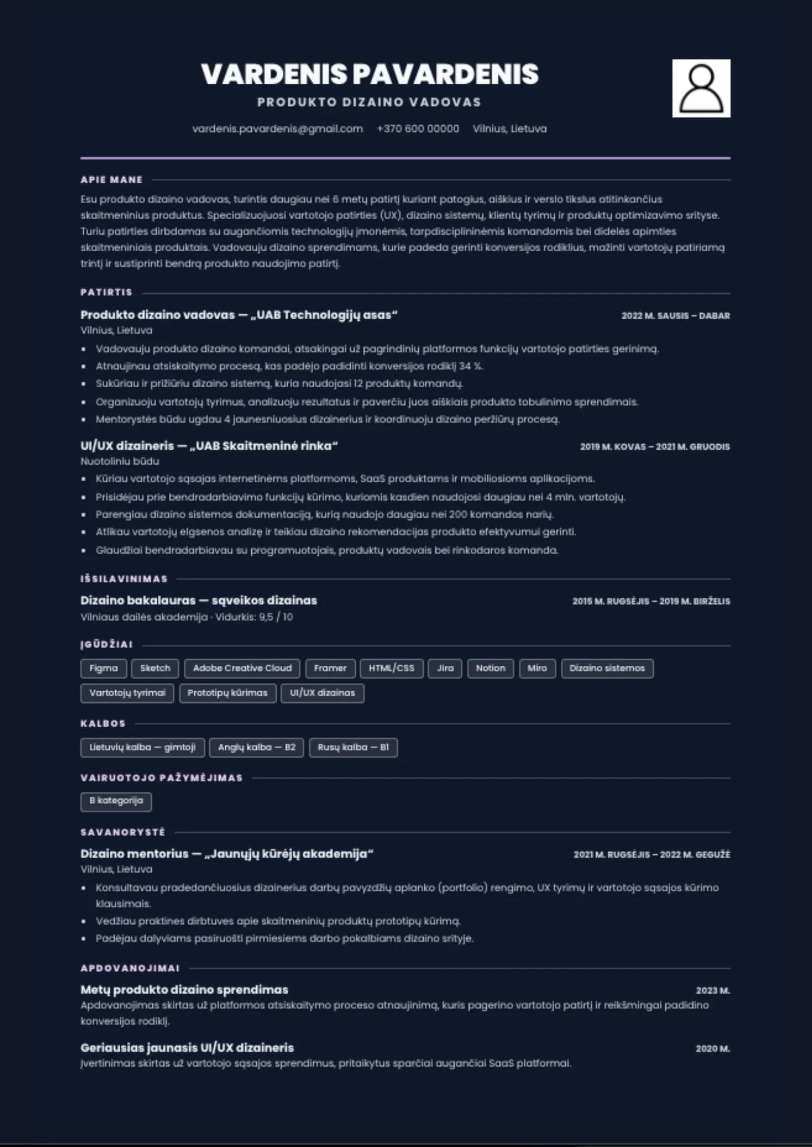 Tamsaus dizaino CV šablono pavyzdys