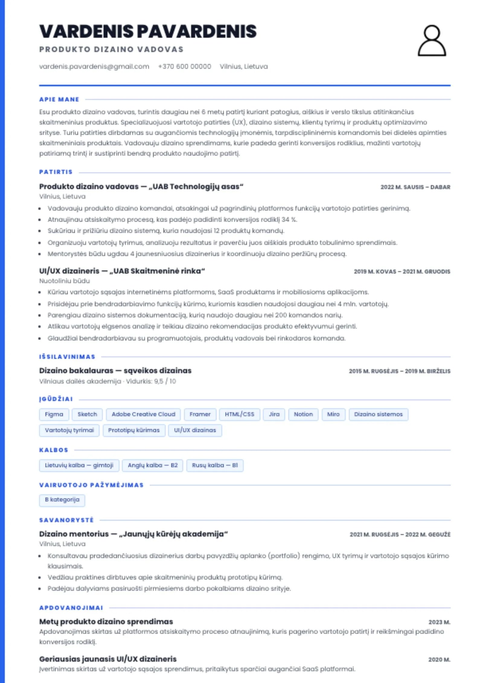 Mėlyno CV šablono pavyzdys
