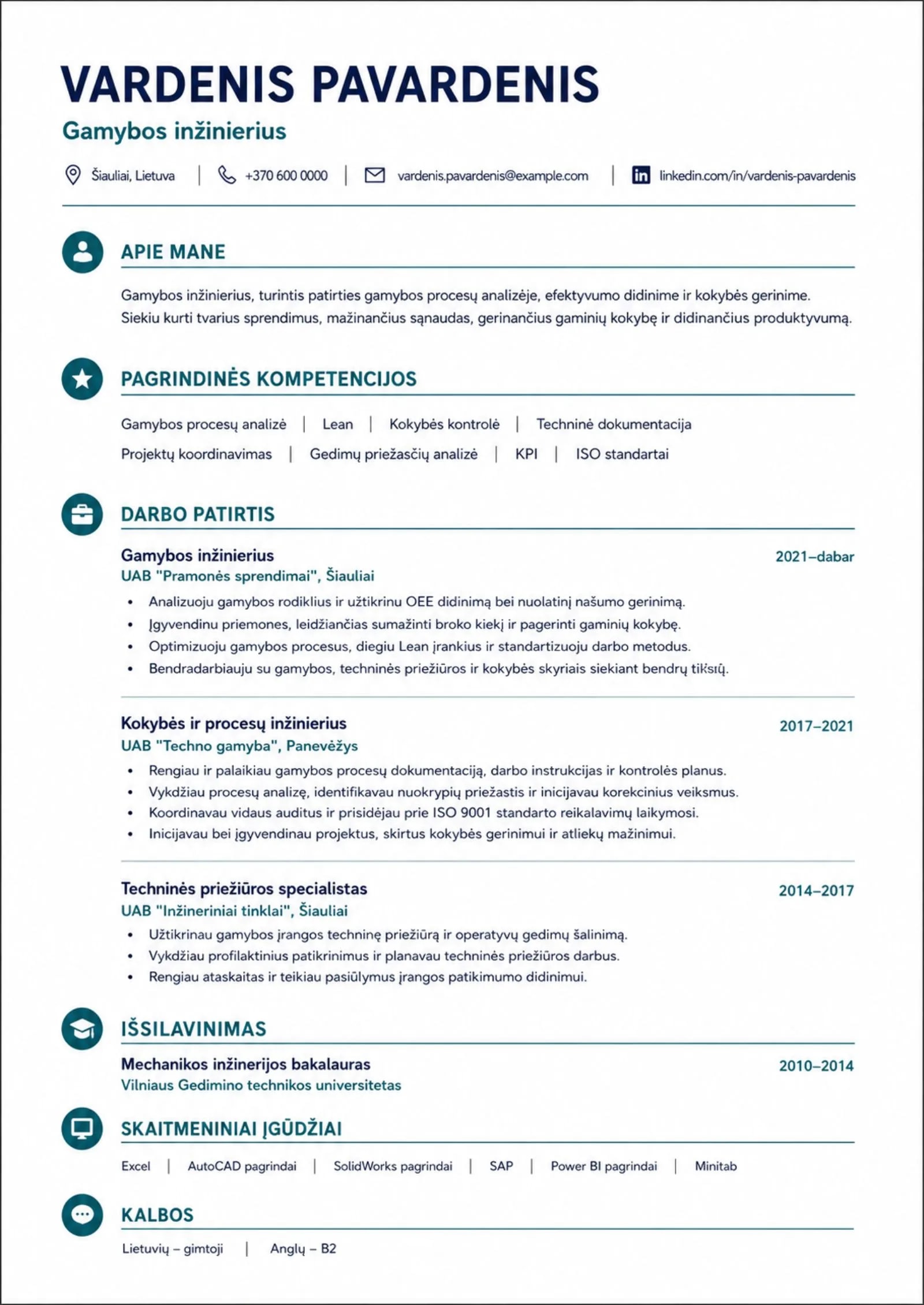 Gamybos inžinierius CV pavyzdys